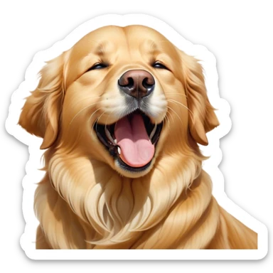 Cinematic Cute Yawning Golden Retriever Portrait Emoji, Head tilted slightly with a dramatic, wide-open yawn, revealing a silky golden coat with a subtle shimmer, floppy ears slightly drooping, round brown eyes barely open in drowsy contentment, Simplified yet irresistibly adorable features, highly detailed, glowing with a soft, cozy glow, high shine, relaxed yet expressive, stylized with a touch of whimsy, bright and endearing, soft glowing outline, capturing the essence of a sleepy yet affectionate companion, so drowsy it feels like it could stretch out of the screen and curl up for a nap! sticker