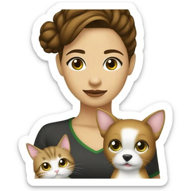 garota pele clara com cabelo cacheado castanho claro  loiro comprido 8 anos com olhos verdes muito escuros e um gato preto e um cachorro caramelo sticker