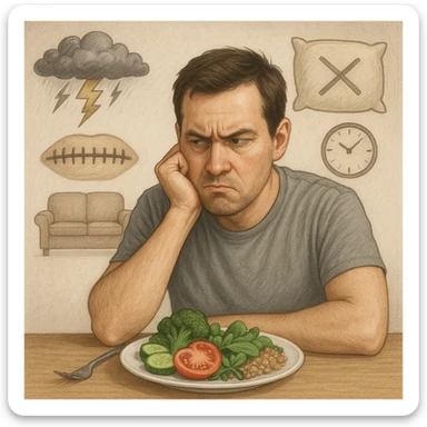Realistic style illustration of a man in his thirties sitting at a table, looking suspiciously at a plate of healthy food. Behind him, transparent symbolic elements: a storm above the head representing stress, a sewn mouth representing repressed emotions, a pillow with an X representing insomnia, and a sofa with a clock representing sedentariness. Neutral atmosphere, realistic symbolic style. sticker