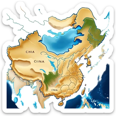 Cinematic-realistic outline of china, featuring its distinct landmass with accurately defined coastlines. The deep blue ocean surrounds the golden-brown continent, with subtle topographic shading to highlight its terrain. A soft glowing effect enhances the edges, making the shape stand out against a neutral, textured background. sticker