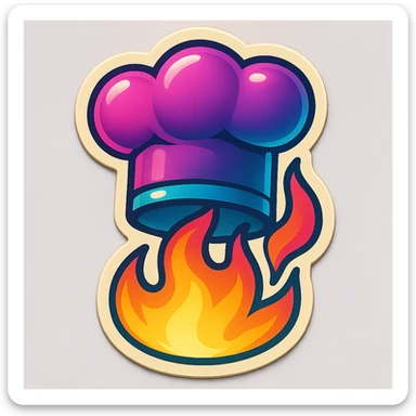 chef's hat with a trail of fire emoji, playful, synthwave colors, vibrant, matching style reference file
 sticker