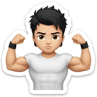 generate a pretty tan bratz boy with black messy hair flexing his biceps. wearing white tshirt sticker
