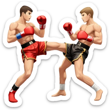 An icon showcasing a high-energy kickboxing match. Two fighters in action, one delivering a powerful roundhouse kick while the other defends with gloves raised. The background features a professional ring with bright lights and a cheering crowd. Transparent background. sticker