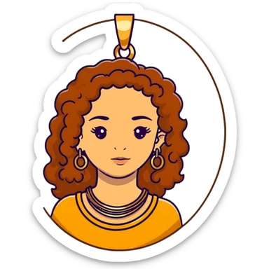 Attractive Greek woman with freckles, long curly amber-brown hair, gold hoop earrings and small necklace sticker