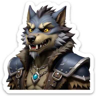 Cinematic Realistic WoW Worgen Portrait, head tilted dramatically with an exaggeratedly amused expression, blending ferocious beastliness with a touch of unexpected humor. His rugged fur, tanned skin, and worn leather garments are rendered with meticulous detail and dynamic lighting, high shine, dramatic yet whimsical, capturing the essence of a worgen whose epic might is tempered by a playful, irreverent charm. sticker