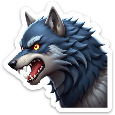 cinematic-noble-fierce-werewolf-howling-portrait-emoji, poised-and-imposing, with a fierce wolfish face tilted upwards in a haunting howl, glowing eyes full of primal ferocity, sharp, elongated fangs bared, and a rugged snout, fur rippling in shades of midnight black and silver, muscles tensed as the powerful howl echoes beneath the moonlit sky; rendered with realism, capturing the raw, untamed power of the beast in its wild, primal state sticker