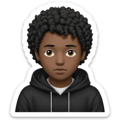 Emoji with guy with curly black hair and short quiff hairstyle, he is looking similar to music artist Central Cee, wear black t-shirt and black hoodie with hood pulled on his head. Looking straight at us, without deforming his face sticker