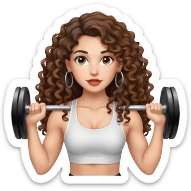 cute girl with not volominous VERY LONG curly/wavy brunette hair with balayage, brown eyes, full lips, natural clean girl makeup and hoop earrings white girl: AT THE GYM LIFTING WEIGHTS sticker