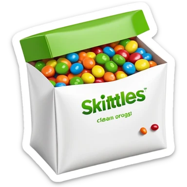 Minimalist top-down view of an open Skittles package with green candies spilling out. Simple rainbow colors on package, clean design. sticker