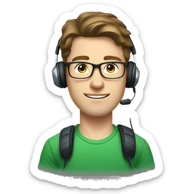 white young man with blue eyes and brown hair and square glasses wearing green t-shirt with headset sticker