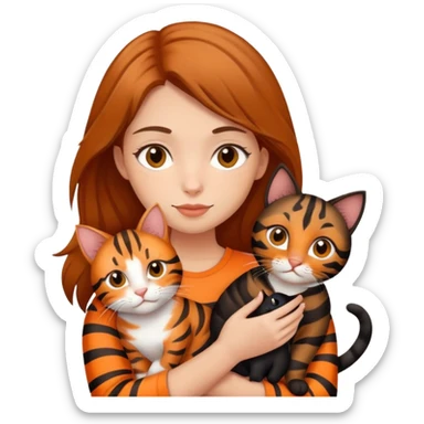 tan brown-haired girl holding two cats, one black cat and one orange tiger-striped cat sticker