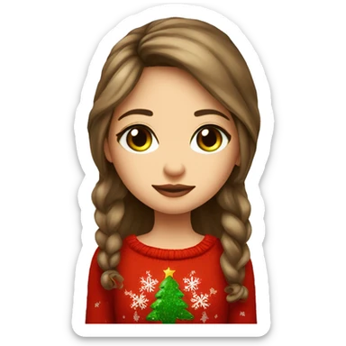 thoughtful-highlight-skin-brown-long-hair-girl-with-green-eyes-in-red-cute-Christmas-sweater sticker