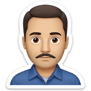 Puerto Rican man in his mid-50s with light skin. Round face with defined features. Expressive dark brown eyes, thick eyebrows. Full head of brown hair, slightly wavy. Medium-length brown beard, neatly trimmed. Wearing a dark blue button-up shirt. sticker
