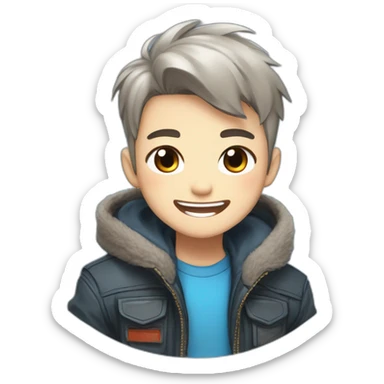logo illustrated boy laughing out loud, chibi anime style, head and shoulders only, red cheeks, light brown eyes, short gray hair, cyberpunk jacket with blue colors, flashing background. sticker