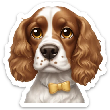 cocker spaniel king charles mix dog with brown freckles on her nose and a white bow in her hair sticker