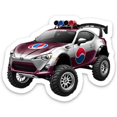 Extended wheelbase 2013 scion fr-s dark black cherry off road 4wd monster Baja dessert stadium racer number 86 with long travel suspension, shiny silver wheels, exaggerated black fender flares made out of Pepsi cans  sticker