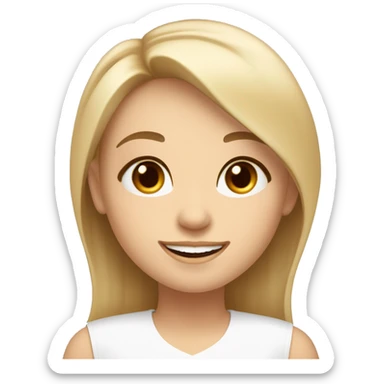 a girl, heart-shaped face with high cheekbones and a slightly pointed chin, almond-shaped brown eyes framed by long natural eyelashes. 
Arched eyebrows, medium density, long light blond hair, wide smile showing teeth, joyful and expressive face sticker