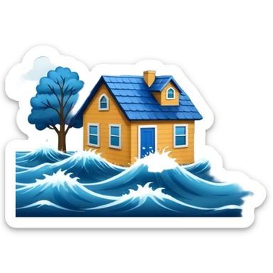 showing a flood disaster scene with powerful blue water waves overflowing around small houses and trees, dark cloudy sky, heavy rain falling, dramatic yet simple design sticker