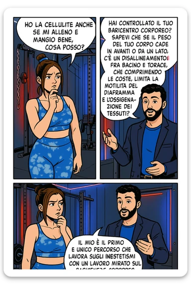TRASFORMA QUESTO CAROSELLO IN UN FUMETTO CON QUESTE DUE PERSONE IDENTICHE CHE INTERLOQUISCONO TRA LORO:

LEI: Ho la cellulite anche se mi alleno e mangio bene, cosa posso fare?

LUI: Hai controllato il tuo baricentro corporeo?
Sapevi che se il peso del tuo corpo cade in avanti o da un lato, c’è un disallineamento fra bacino e torace, che comprimendo le coste, limita la motilità del diaframma e l’ossigenazione dei tessuti?
Il mio è il primo e unico percorso che lavora sugli inestetismi con un lavoro mirato sul baricentro corporeo. sticker