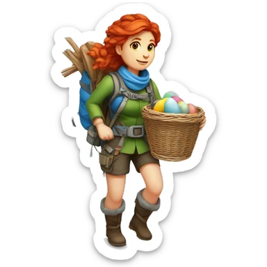red hair female winter mountaineer climbing with Easter eggsbasket and Greek flag sticker