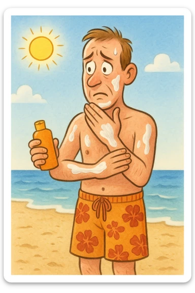 uomo a mare che si mette la crema solare perchè ha paura del sole sticker