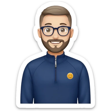 Fair-skinned man with oval face, extremely short tight haircut (very short on top, skin fade on sides), short salt and pepper beard, large black-framed glasses, smiling, wider body type, wearing navy blue long sleeve zip sweatshirt sticker
