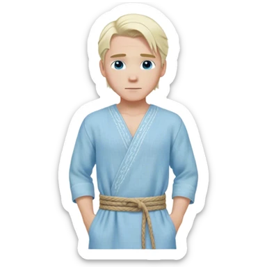 Medieval spring outfit worn by a DnD themed fantasy male character. Pale blue linen tunic with delicate white stitching along the seams, paired with a woven hemp cord belt. Clothes only above the waist, full waist coverage. The character has no arms. Character is white-skinned with platinum blonde hair, ice-blue eyes, and medium-length straight hair swept back. sticker
