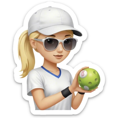 Girl with blond hair in a ponytail wearing a white baseball cap and sunglasses holding a  pickleball sticker