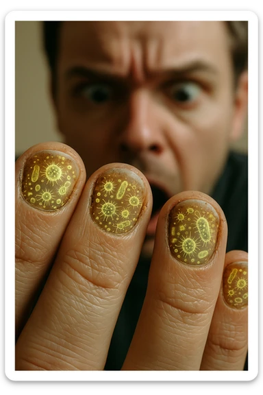 "Close-up macro shot of man's fingernails with transparent overlay showing dense colonies of bacteria, viruses, and parasites thriving in nail beds, millions of pathogens visible as glowing microscopic organisms, expression of shock as he examines his hands under magnification, nail debris containing more germs than toilet water, fingertips becoming mobile germ factories" sticker