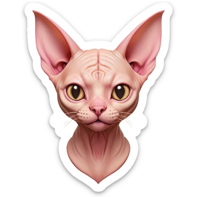 Cinematic Comical Sphynx Cat Portrait Emoji, Head tilted dramatically with an exaggeratedly shocked or offended expression, smooth, wrinkled skin in warm peach and pink hues, large bat-like ears perked up, piercing eyes widened in disbelief, Simplified yet hilariously expressive features, highly detailed, glowing with a slightly sassy glow, high shine, dramatic yet playful, stylized with an air of attitude, bright and endearing, soft glowing outline, capturing the essence of a sassy and over-the-top feline, so meme-worthy it feels like it could side-eye its way into internet fame instantly! sticker