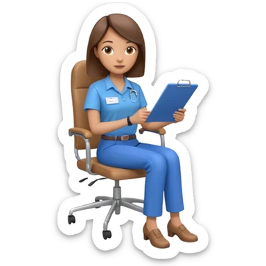 Generate an emoji of a female AI ethicist in blue shirt brown pant sitting in a chair and has a checklist stating AI ethics elements like stop bias, fairness score. I want 3d figurine sticker