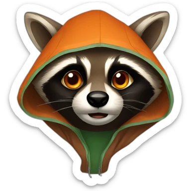 brown raccoon with orange eyes and a dark green hood that is crying sticker