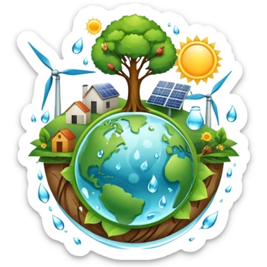 An icon featuring a green Earth, a tree, recycling symbols, and renewable energy sources like wind turbines, solar panels, and hydropower. The design includes animals, water droplets, and the sun, representing ecology, sustainable energy, and environmental protection. Transparent background. sticker