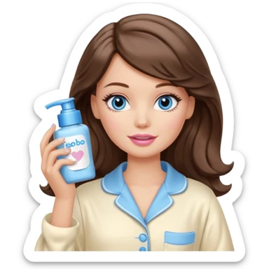 Barbie girl with makeup, blue eyes , and bob long haircut wavy, short brown hair in creamy color pajamas, face cream in hand sticker