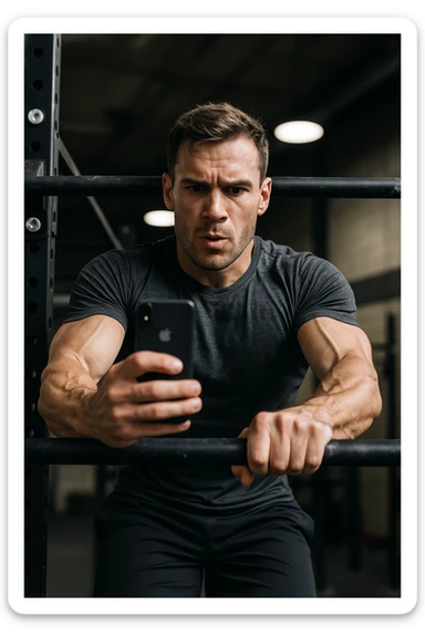 uomo che fa Muscle up e si sta filmando davanti con il telefonino per vedere la sua posizione dei gomiti e delle mani sulla sbarra sticker