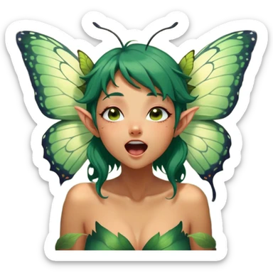 Cinematic Realistic Forest Fairy Portrait, head tilted slightly with a dramatic, wide-open yawn, revealing a tender, relaxed visage with finely detailed tanned skin and flowing, vine-adorned dark green hair gently framing her face. Her sleepy eyes exude a serene, dreamlike quality as soft natural sunlight filters through the canopy, showing her large butterfly wings from her back capturing the essence of a drowsy yet captivating forest drifting into peaceful slumber. sticker