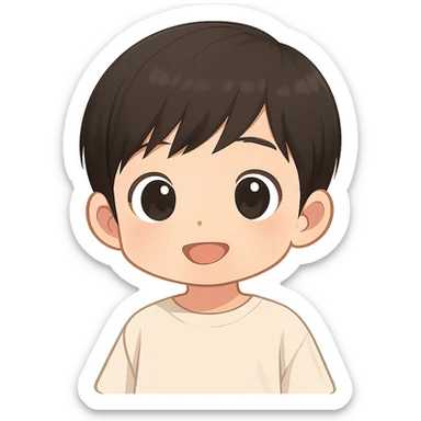 Create a cute emoji of an Asian baby boy with big eyes, round face, soft features, simple and expressive style, emoji look, no background. sticker
