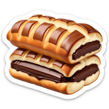 Cinematic warm pain au chocolat, flaky golden-brown pastry with a rich chocolate filling peeking through, perfectly crisp exterior, soft glowing highlights, inviting and indulgent. sticker