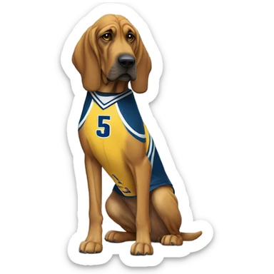 A Bloodhound in a blue, yellow, and white basketball uniform with John Jay on the front and # 35 sticker
