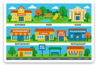 vibrant cartoon style image showing ten common places in town: school, hospital, park, bank, supermarket, library, post office, police station, restaurant, bus stop; each place clearly labeled with the label underneath; includes a road and trees; colorful and lively educational English learning material sticker