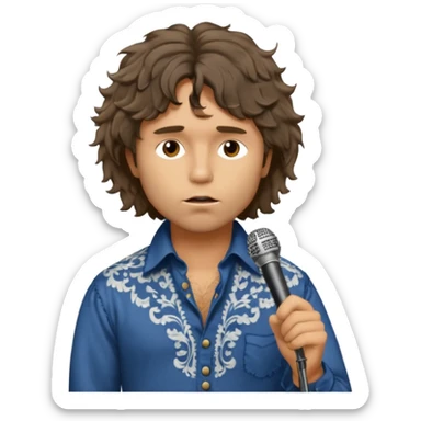 solarpunk realistic ultra HD - a thoughtful, messy, shaggy Jim Morrison in a Victorian shirt, singing on stage sticker