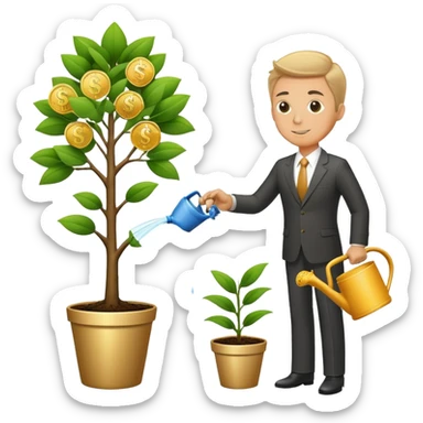 Businessman in suit watering a money tree with growing coins and dollar signs sticker