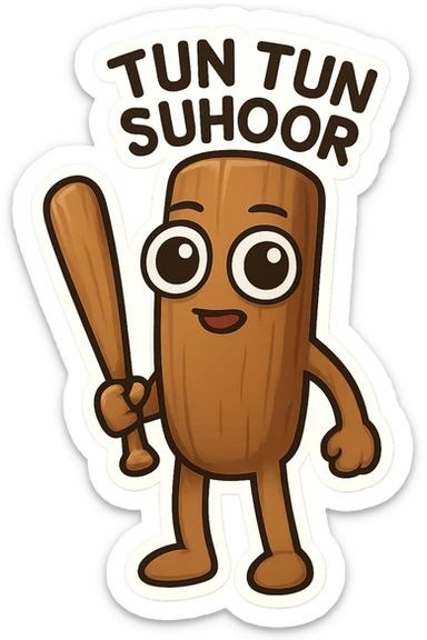 Tun Tun Suhoor as a chibi emoji, full wooden stick body, smooth brown, large cartoon eyes on wood, small mouth, human-like arms and legs, holding a wooden bat, uncanny and silly meme vibe, no text sticker
