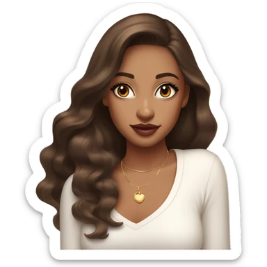 Girl with brown cateyes and a fair skin tone long eyelashes with long dark brown hair in a side parting in a wavy/blowout effect style wearing white scoop neck top and wearing a gold necklace and has plump light pink glossy lips sticker