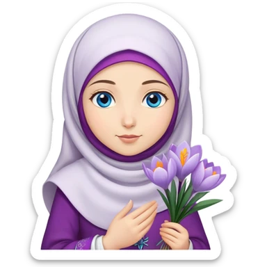 Turkish beautiful finish Konya girl blue eyes with crocus flower hijab and islamic dress and hold crocus flower on hand  sticker