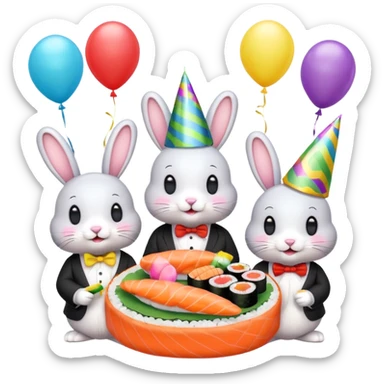 four bunnies together eating sushi at a birthday party, vibrant, balloons, streamers, alternate layout, emoji style sticker