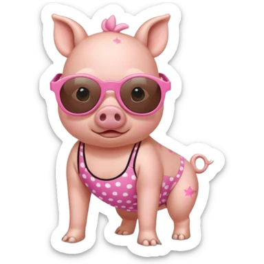 cute pig wearing  star-shaped sunglasses and polka dot bathing suit on all fours  sticker