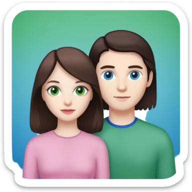 pink polaroid photo of a couple thats white with long brunette hair blue eyes and a white guy with short brunette hair and green eyes sticker