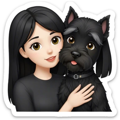 pale girl  with light eyes and long black hair wearing black shirt kissing female schnauzer holding smiling black schnauzer  sticker