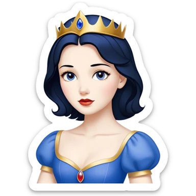 Cinematic Timeless Snow White Portrait Emoji, rendered in a clean, vector style. Depict Snow White with flawless porcelain skin, elegantly styled raven hair, and a serene, graceful expression, dressed in her classic blue and gold ensemble. The design features bold, simplified shapes, a soft, enchanting glow, and a subtle glowing outline, epitomizing pure, timeless beauty. sticker